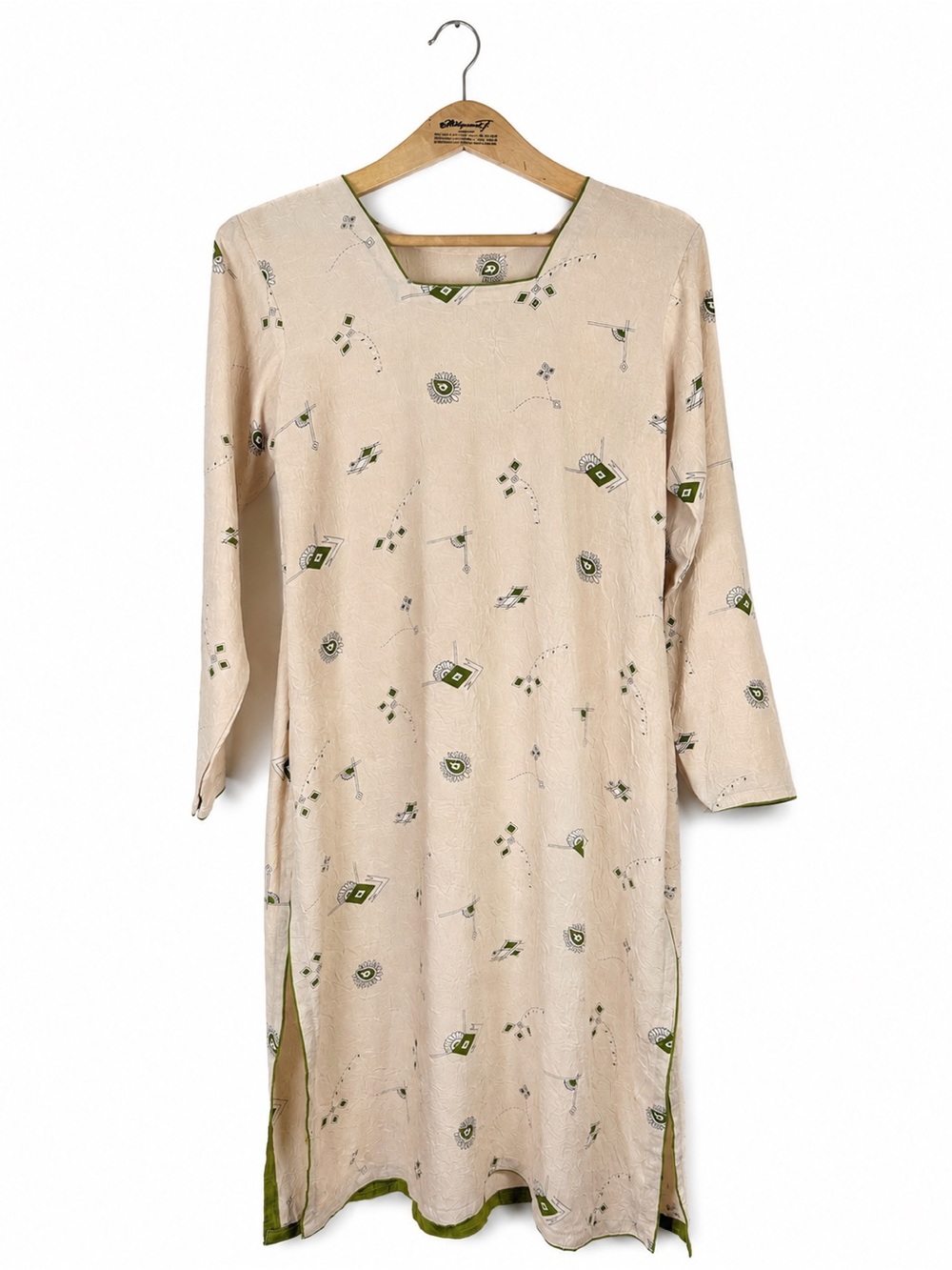 Embroidered Pakistani Kurta Kameez‎ Tunic Beige Green Lightweight Traditional